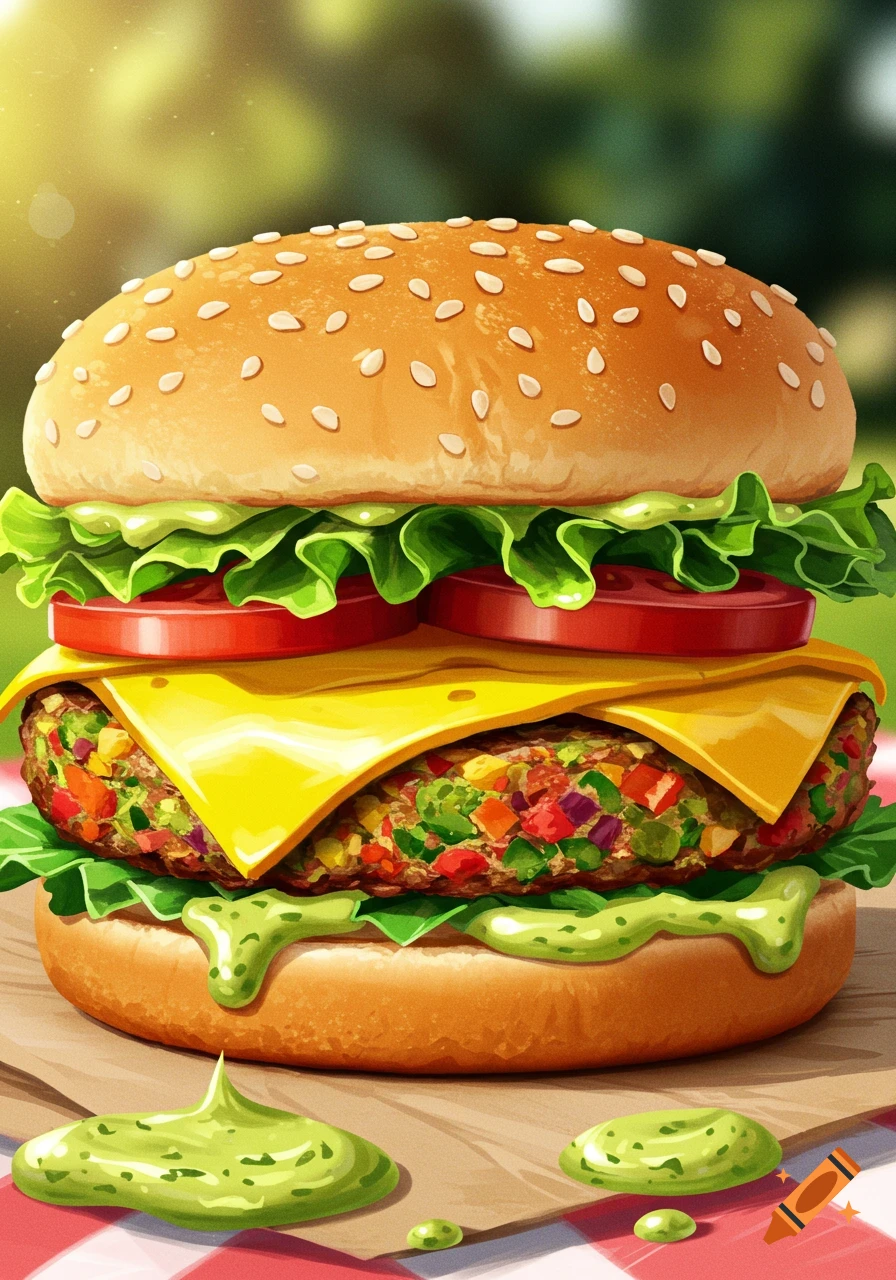 A detailed, stylized close-up illustration of a plant-based cheeseburger with lettuce, tomato, and green sauce.