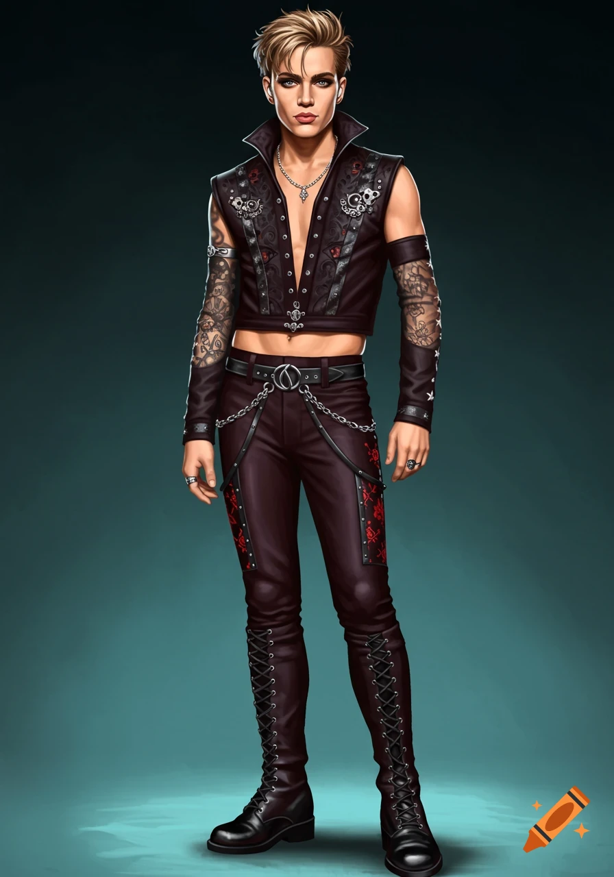 Illustration of a man in a gothic rockstar outfit with leather vest and pants.