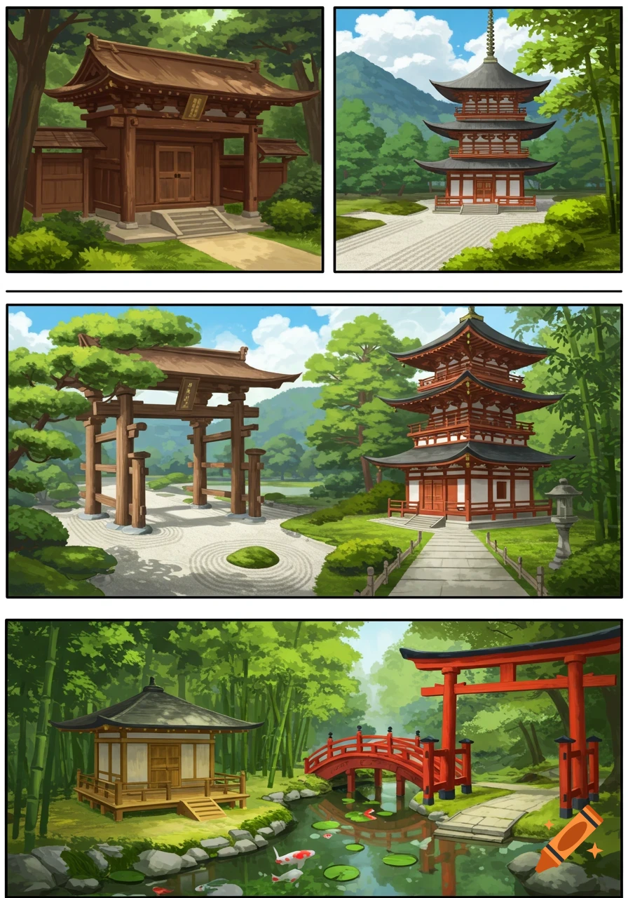 Four panels showing scenes of Japanese architecture including a temple gate, pagoda, torii gate, and pavilion.