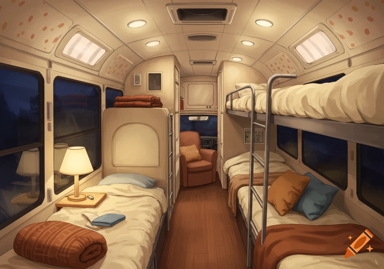 Interior of a cozy bus converted into a sleeping area with beds and bunk beds at night.