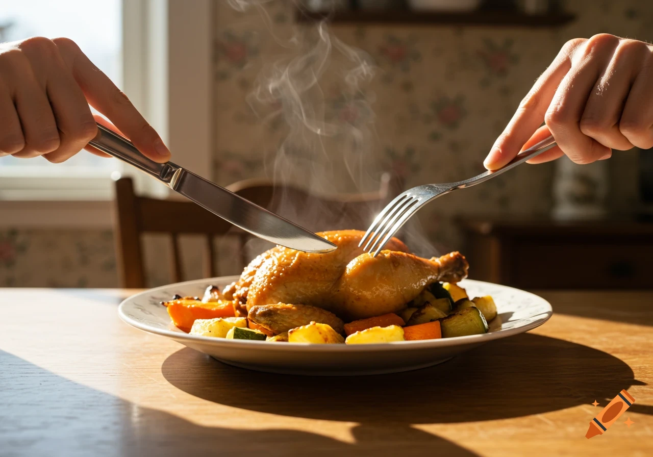 First-person view of hands cutting a roasted chicken on a plate with vegetables