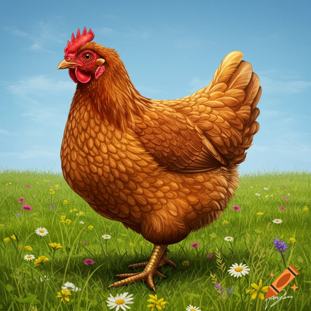 A brown chicken stands in a field of wildflowers under a blue sky.