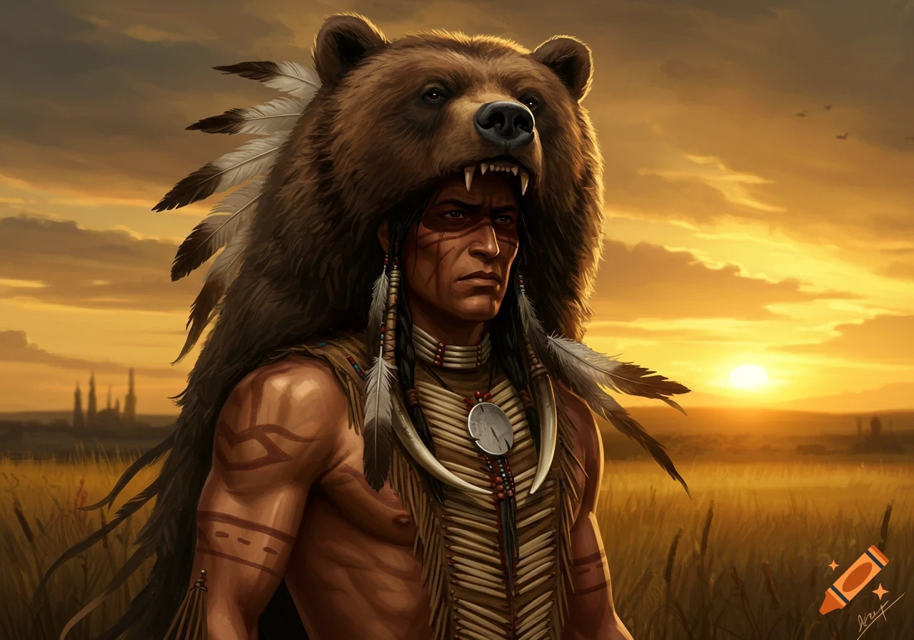 Painting of a Native American warrior in bear headdress at sunset.