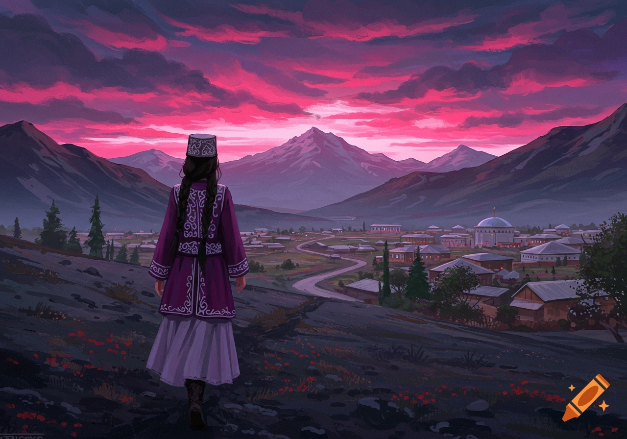 A woman in traditional clothing stands on a hill overlooking a village and mountains at sunset.