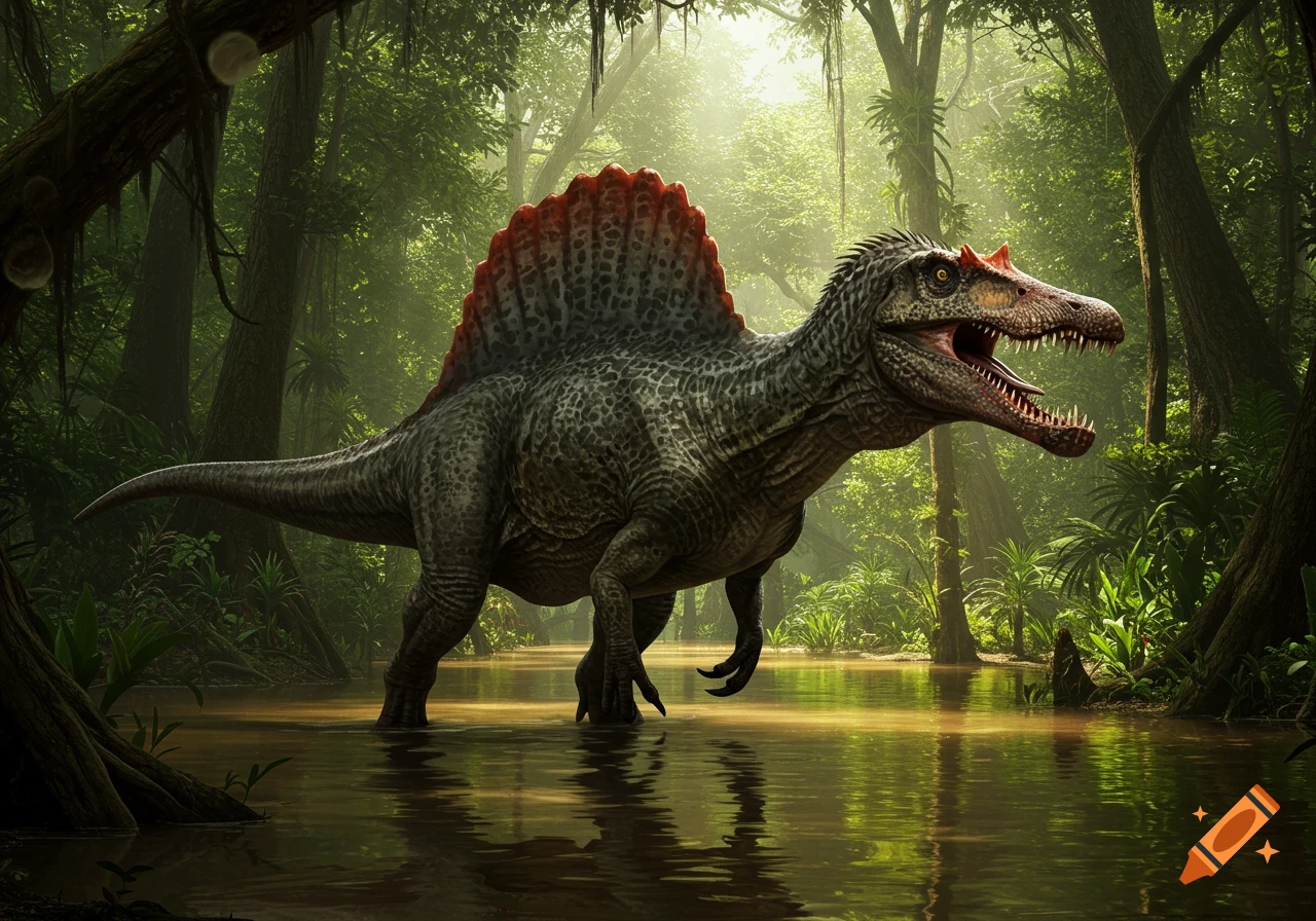 A Spinosaurus dinosaur stands in shallow water in a lush, sunlit jungle swamp.