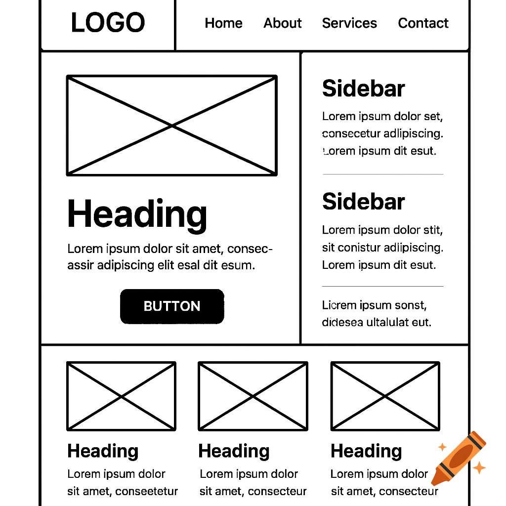 Black and white web page wireframe layout with logo, navigation, main content area, sidebar, and footer elements.