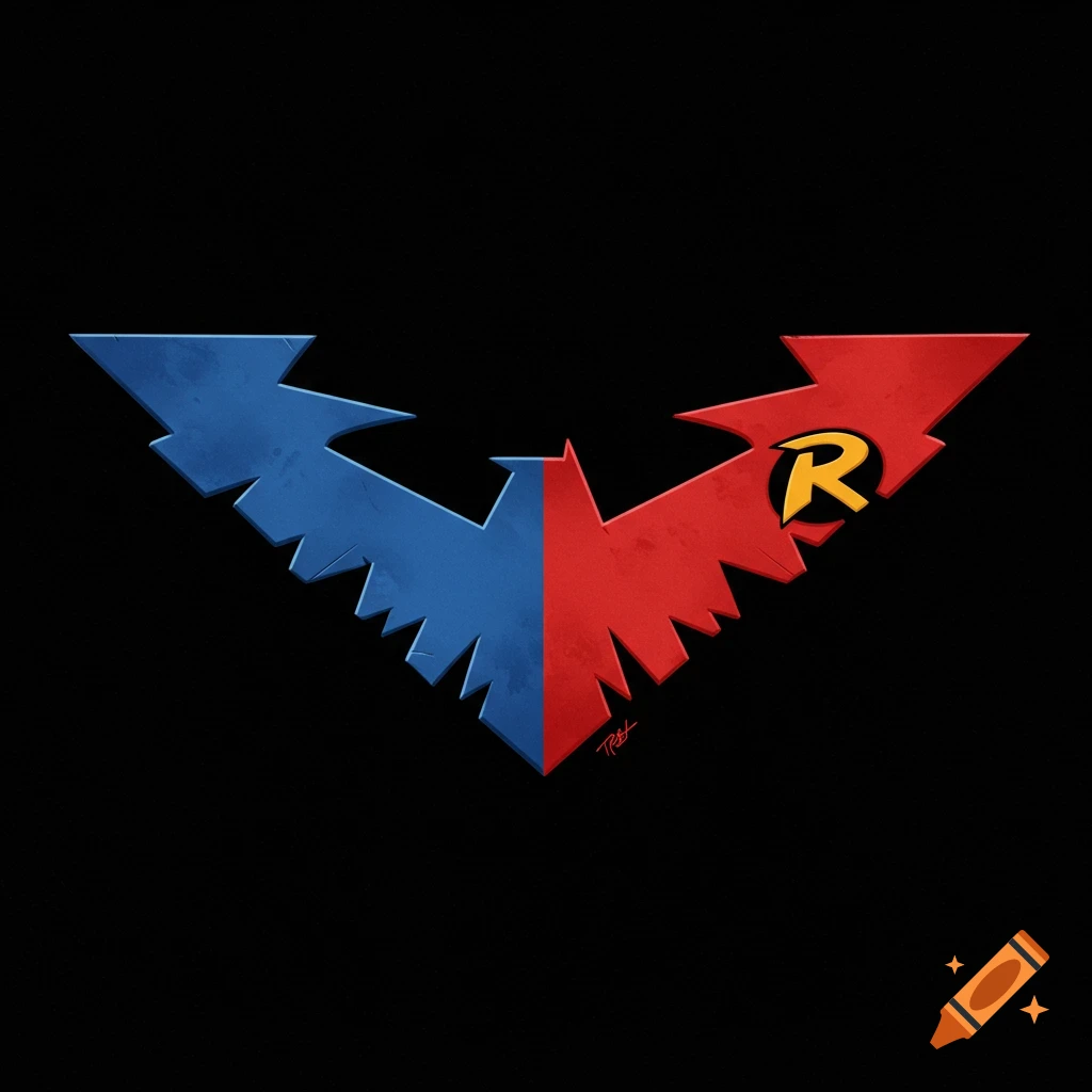 Stylized blue and red logo combining Nightwing and Robin symbols on a black  background. on Craiyon, image size:1024x1024