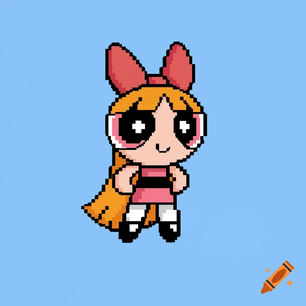Pixel art rendering of Blossom from Powerpuff Girls standing on a blue background.