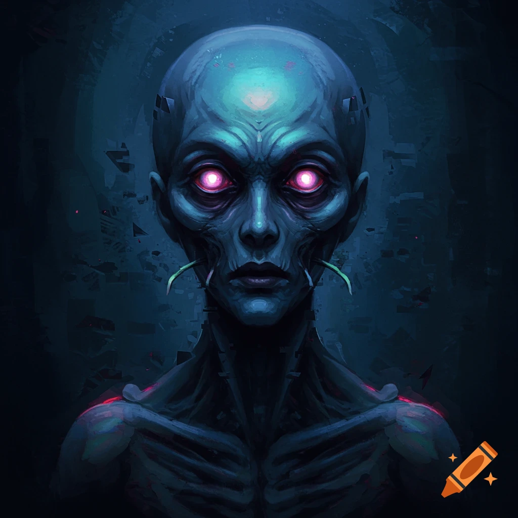 Dark, stylized portrait of a blue alien creature with glowing pink eyes.