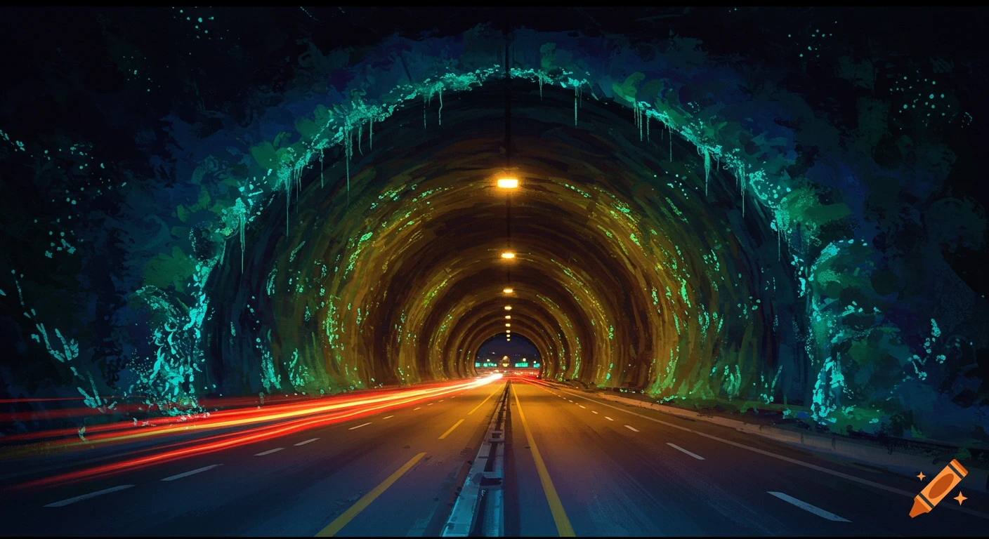 Vehicular light trails streak through a long, illuminated tunnel.