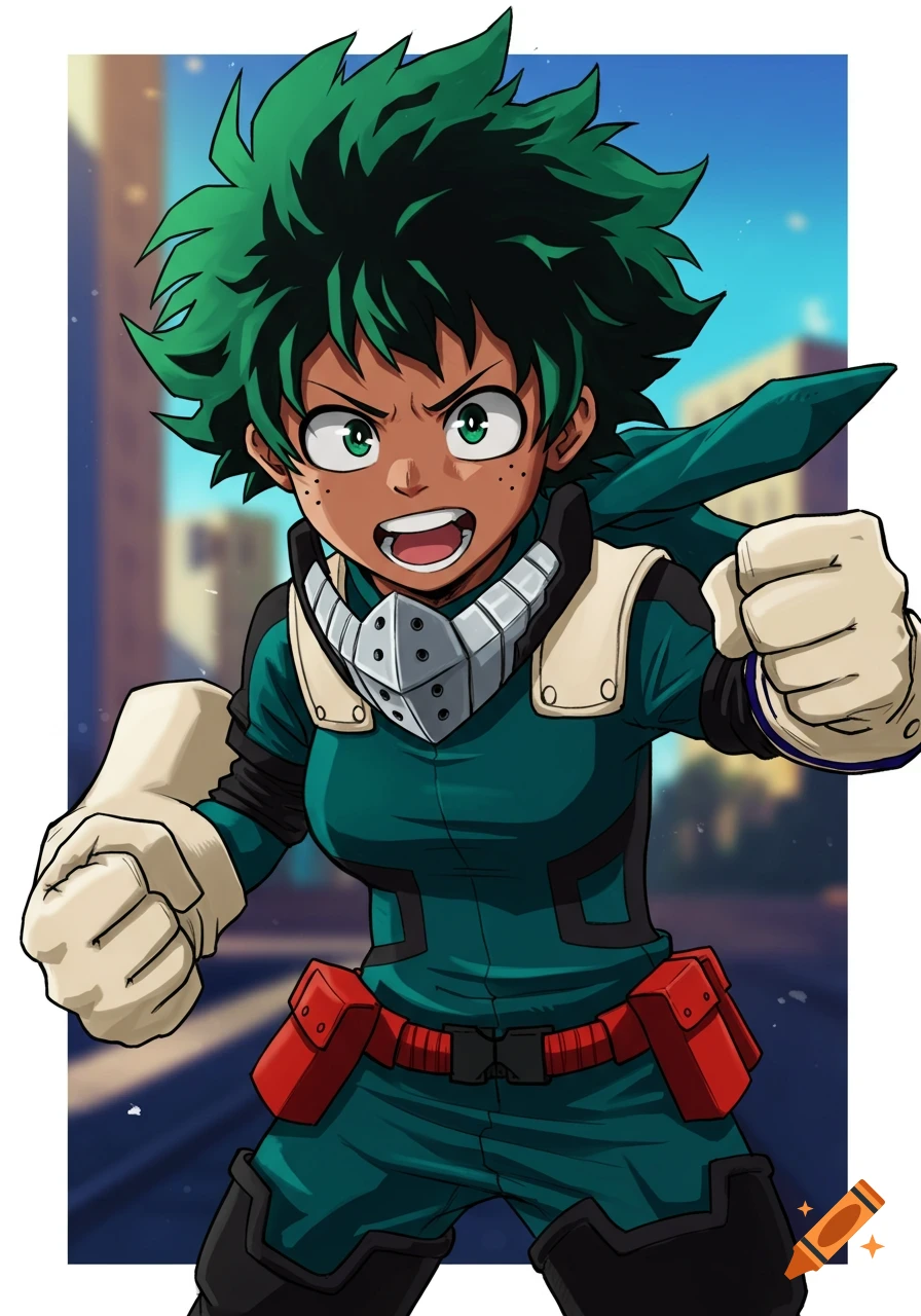 Anime style depiction of an African American female character with green hair in a green and white superhero costume, clenching fists.