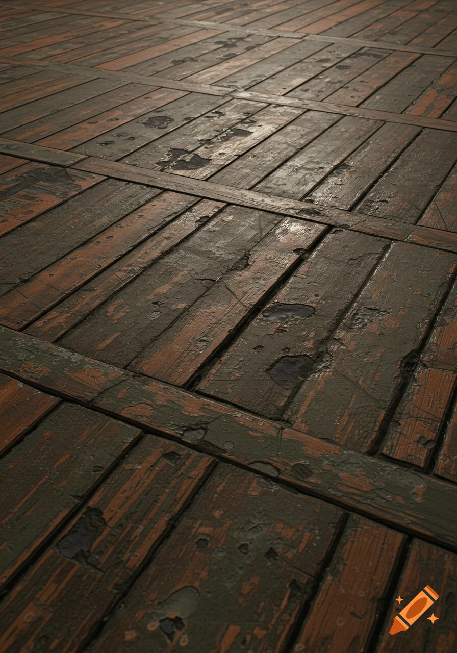 Close-up view of an old, distressed wooden floor with peeling green paint and water stains.