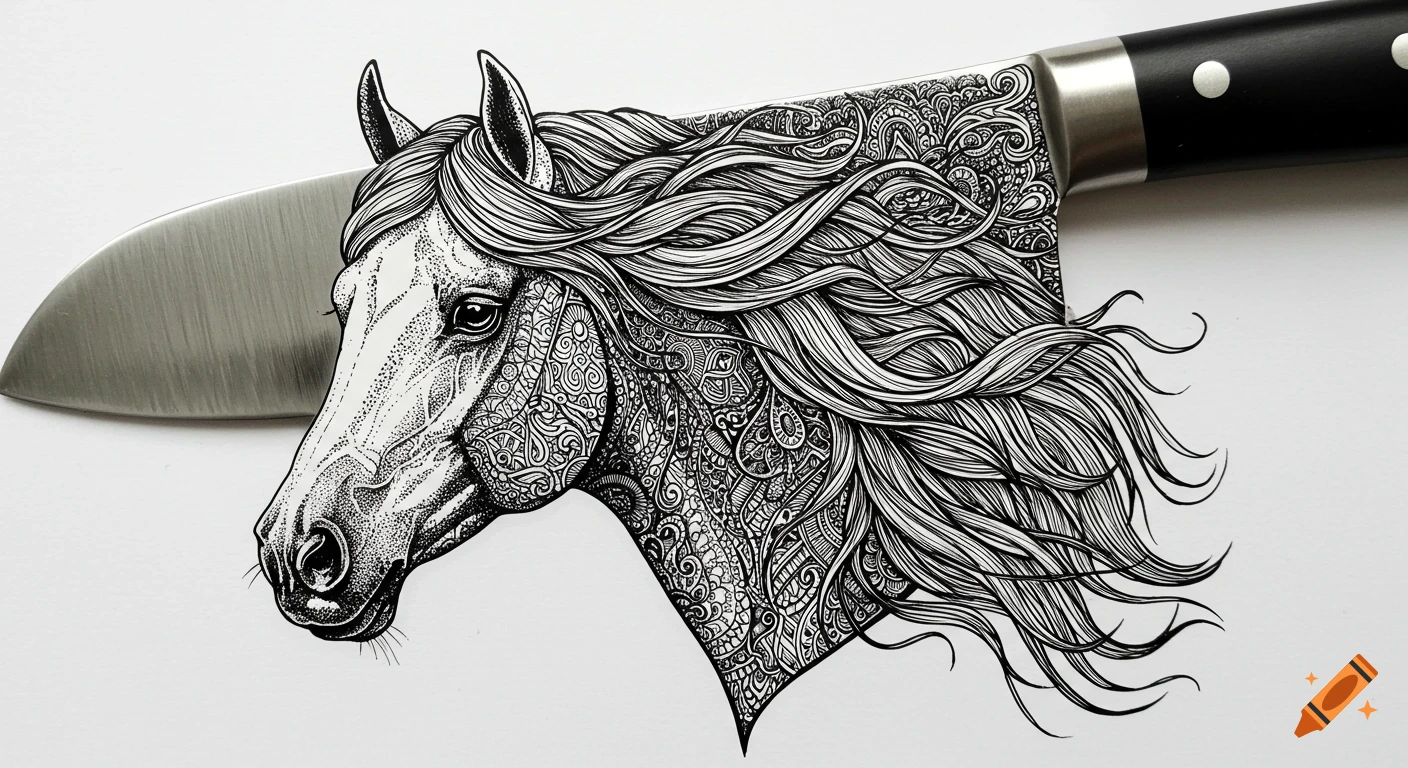 Detailed black and white drawing of a horse head and mane on a chef's knife blade.