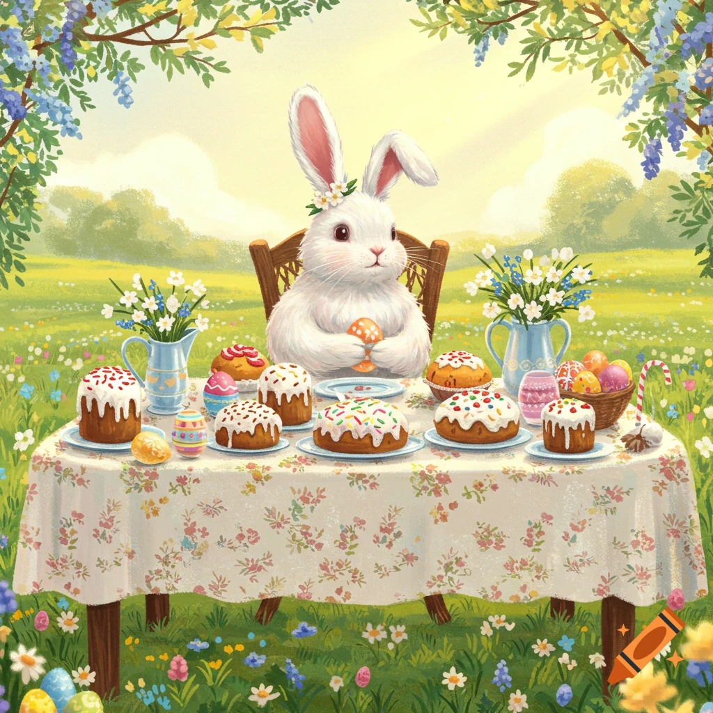 Easter bunny at a table with cakes and eggs in a spring field