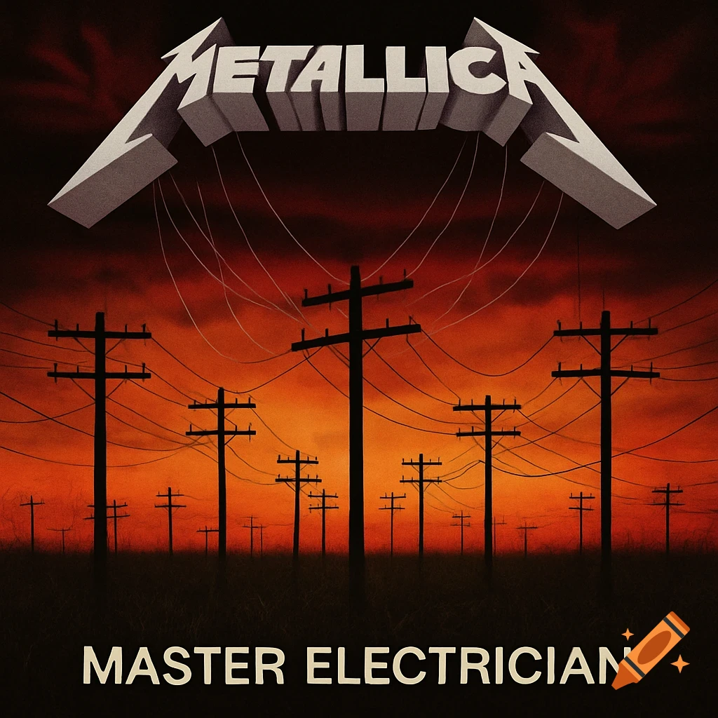 Stylized illustration like a Metallica album cover with power lines and text 'METALLICA MASTER ELECTRICIAN'