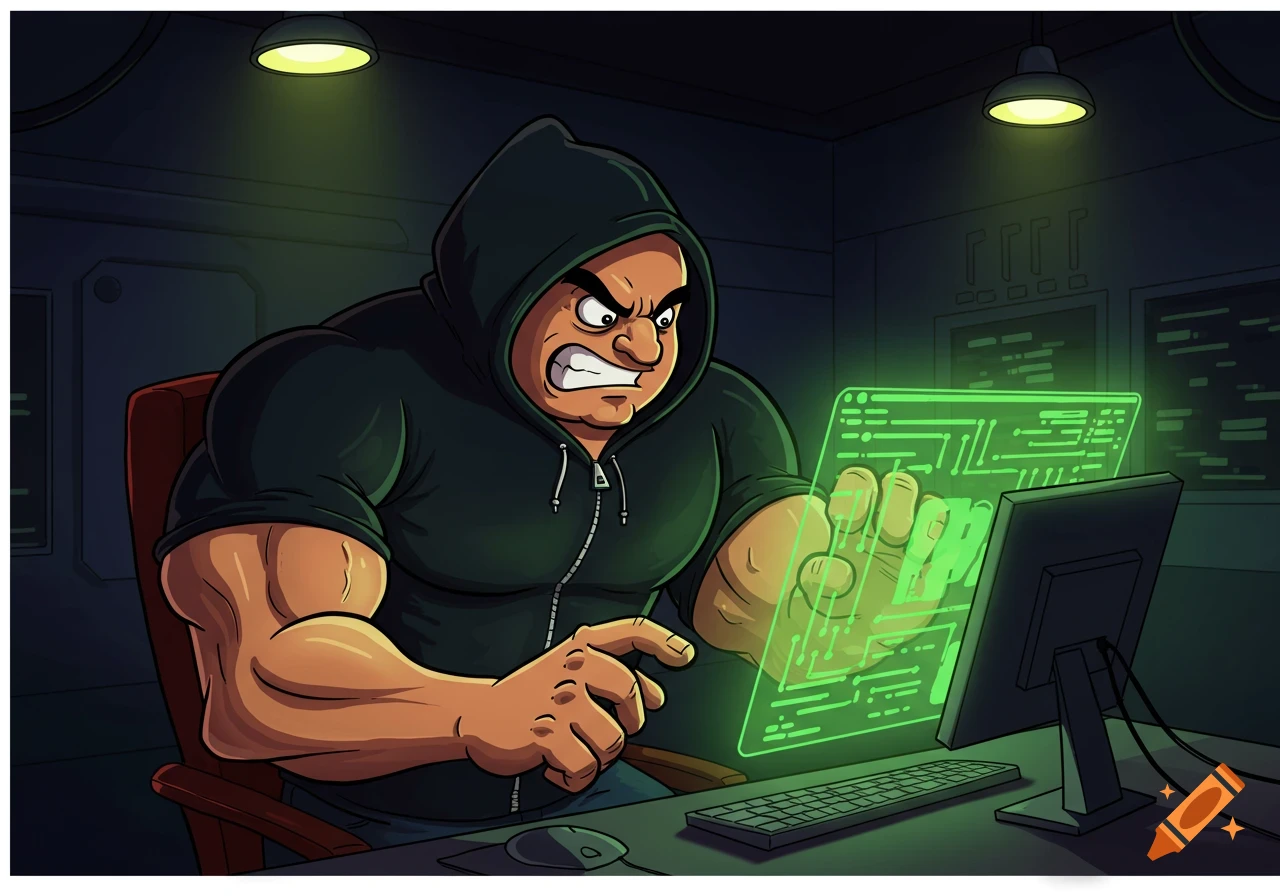 Cartoon of a muscular hacker in a hoodie working on a computer with a green glowing holographic screen in a dark room.