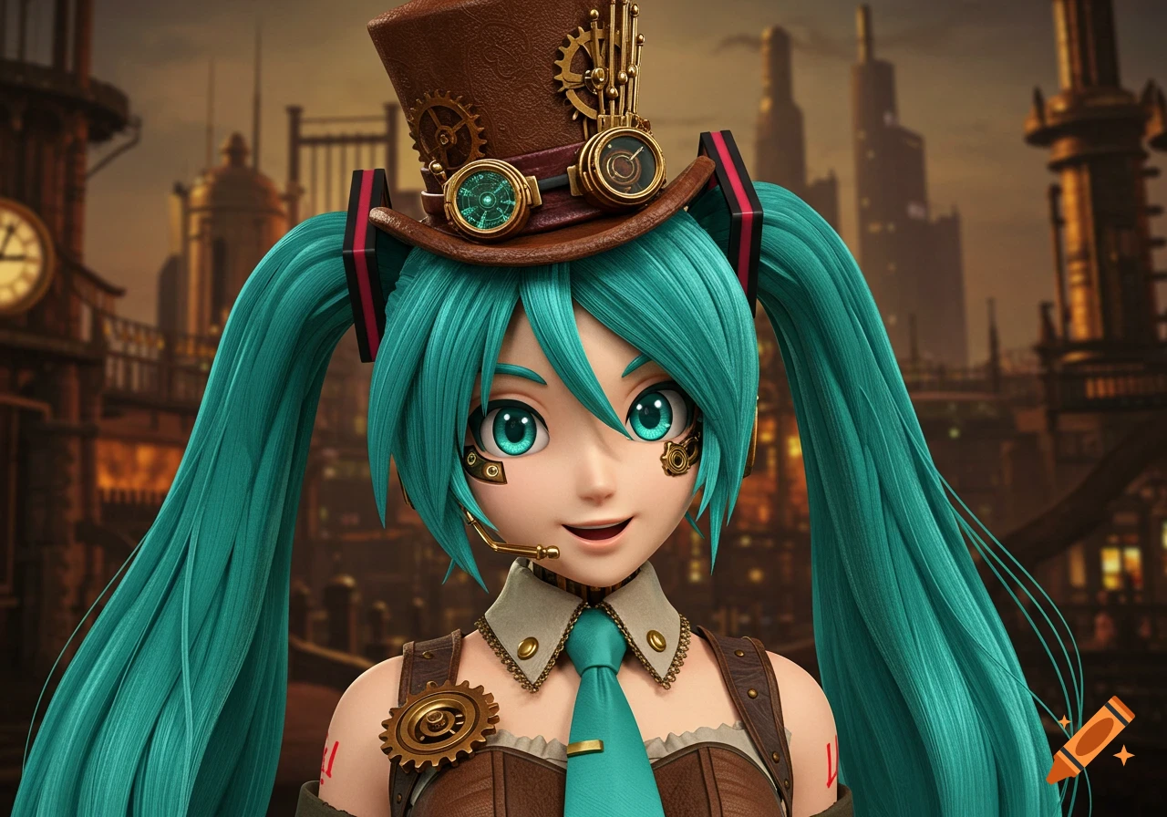 A 3D render of Hatsune Miku in a steampunk outfit and hat with a city background.