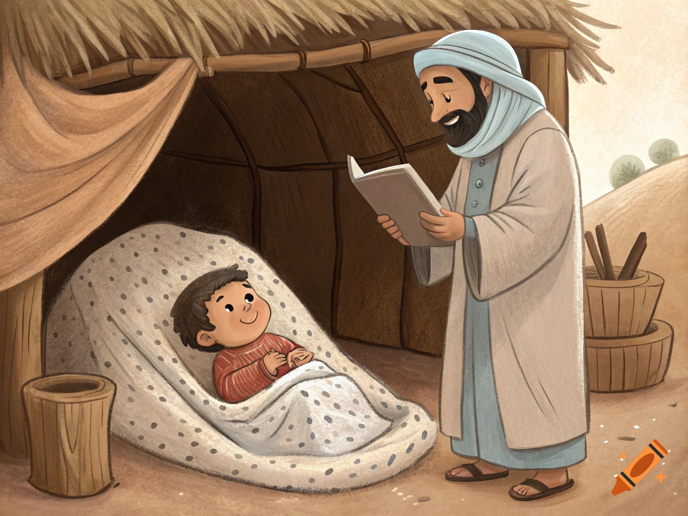 A man reads a book to a child wrapped in a blanket inside a hut, in a children's illustration style.