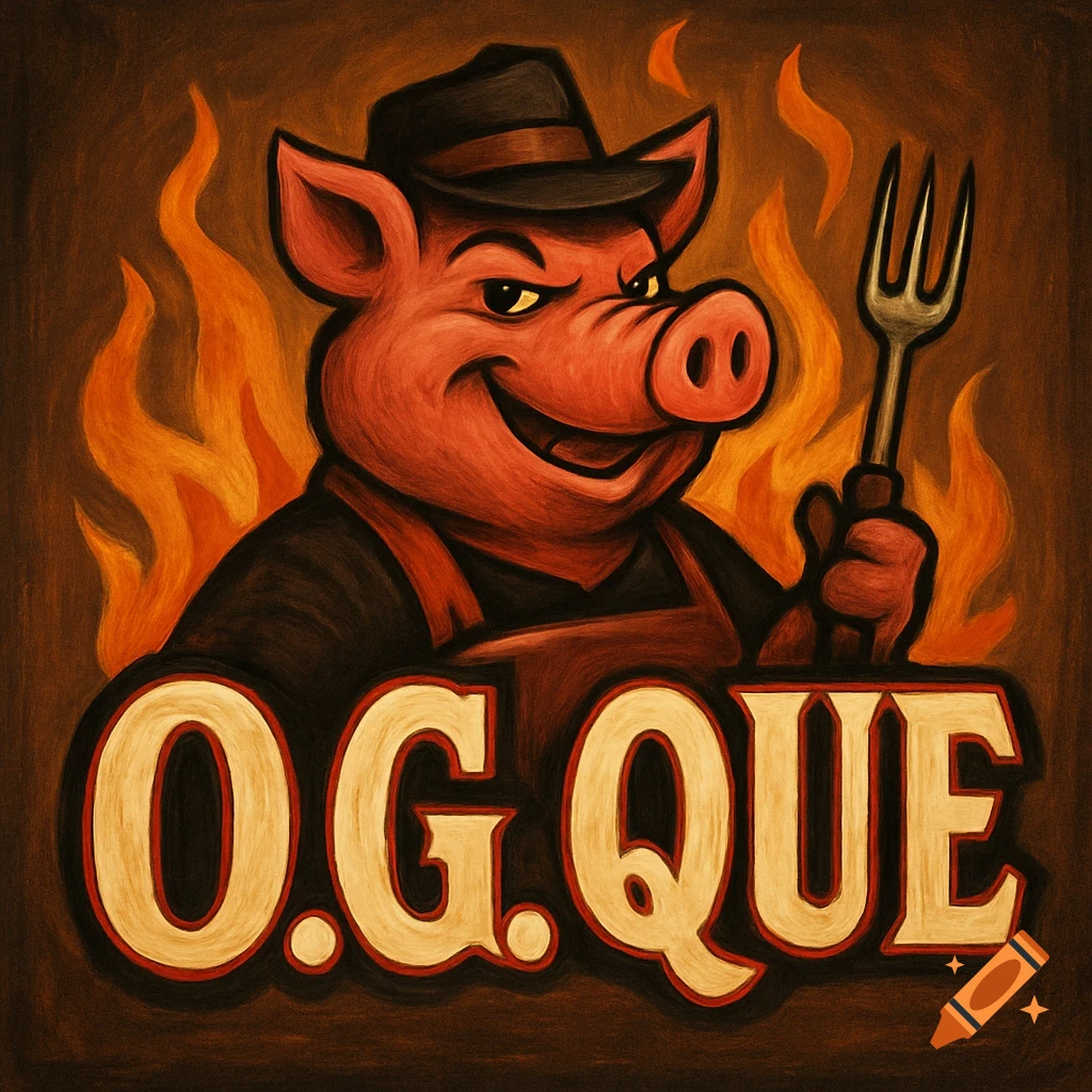 Cartoon pig in a hat and apron holding a fork with flames behind it, text says 'O.G. QUE'.