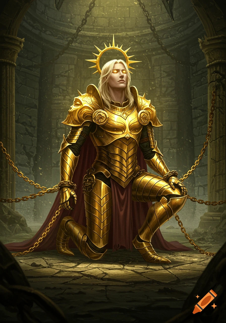 Fantasy illustration of a male warrior in golden armor kneeling in chains in a dungeon.