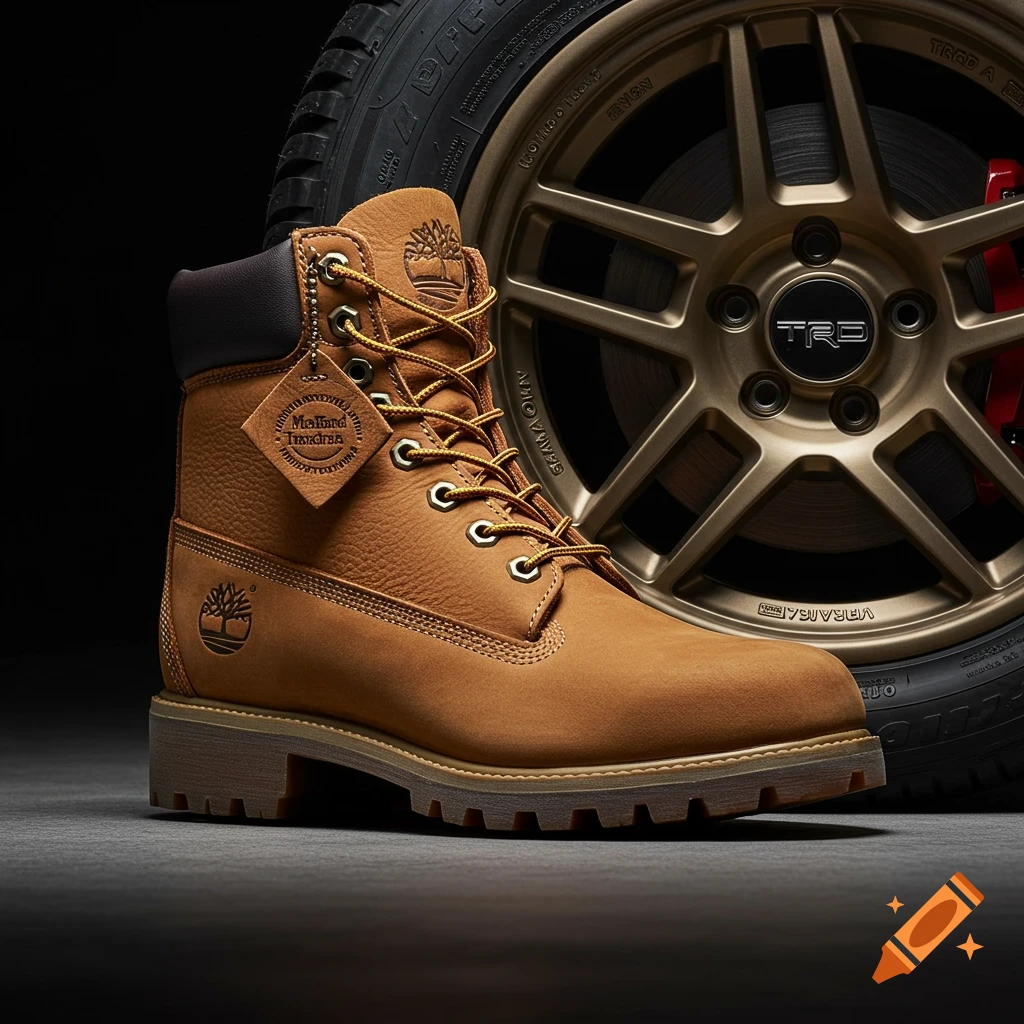 A brown boot stands next to a bronze car wheel and tire.