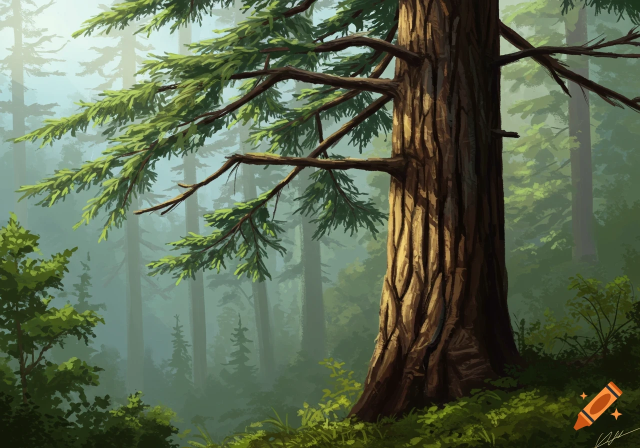 Painting of a large tree trunk in a misty forest