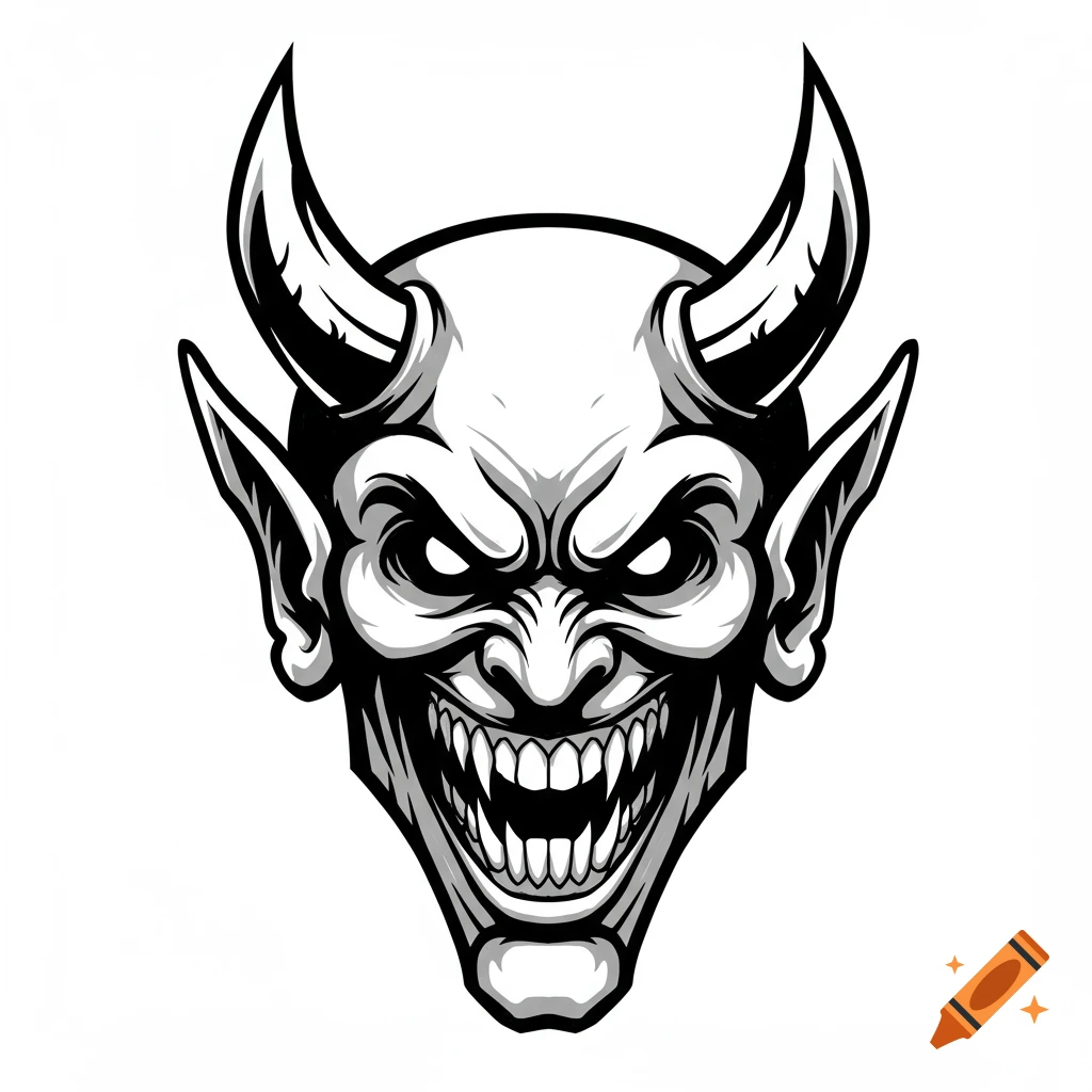 Black and white cartoon devil head with sharp teeth and horns, vector art style.