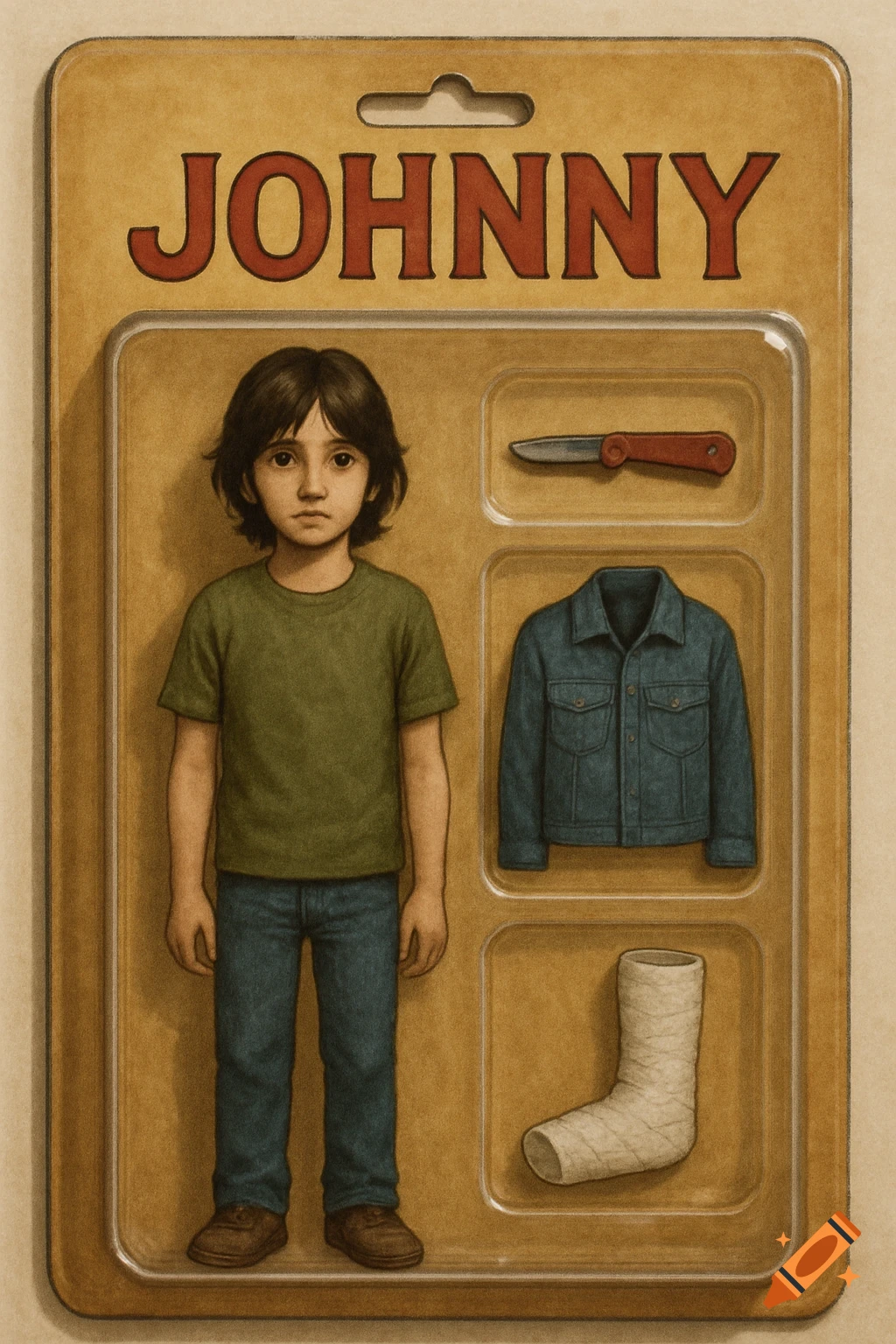 Illustration of a vintage-style action figure toy package for 'Johnny', featuring the boy, a pocket knife, jacket, and cast.