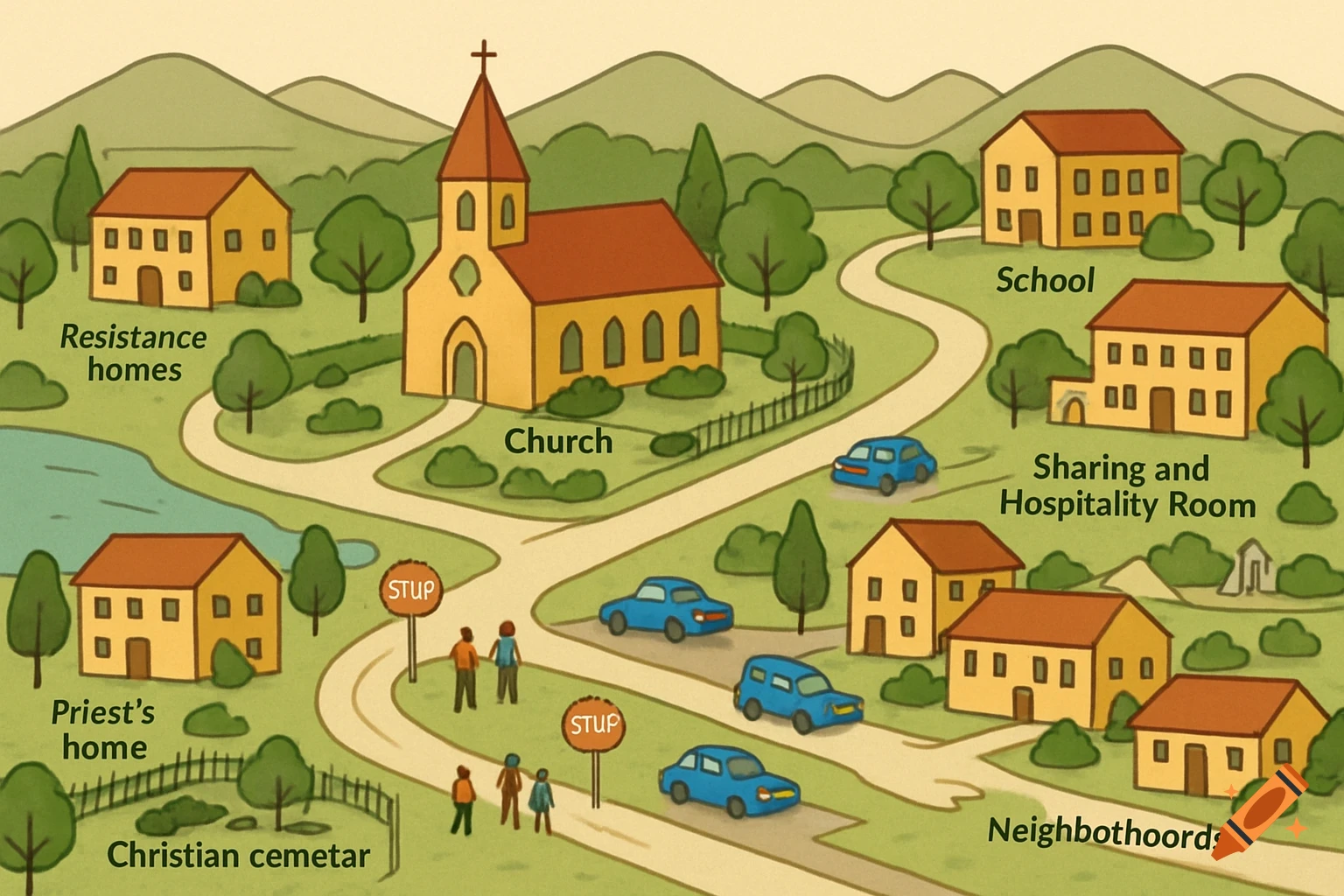 Illustrated map of a village with a church, school, houses, roads, cars, and labeled locations.
