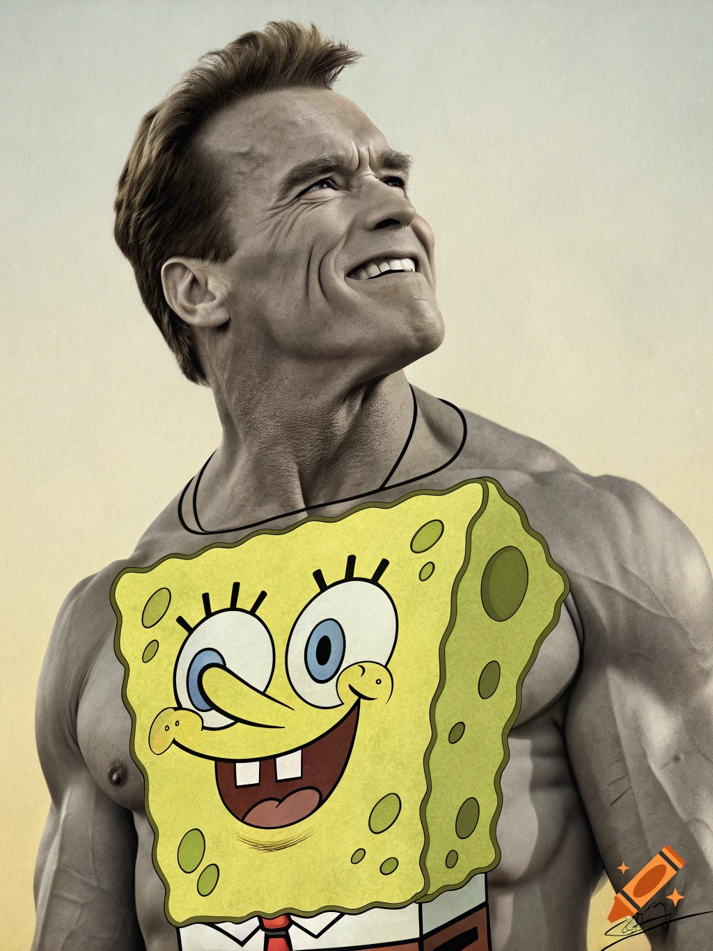 Arnold Schwarzenegger's face and upper body with Spongebob Squarepants body on his chest, photorealistic and cartoon styles.