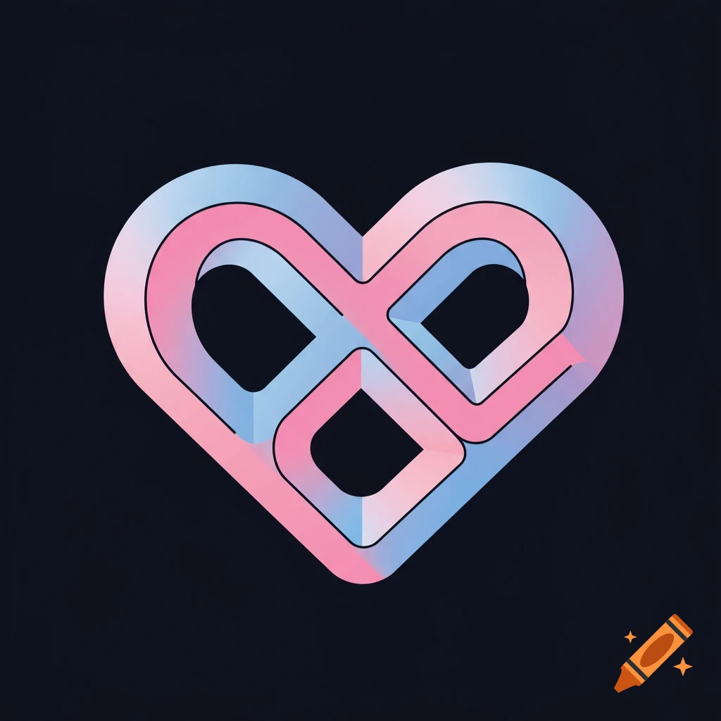Abstract heart shape made of pastel pink and blue intertwined impossible forms on a black background.