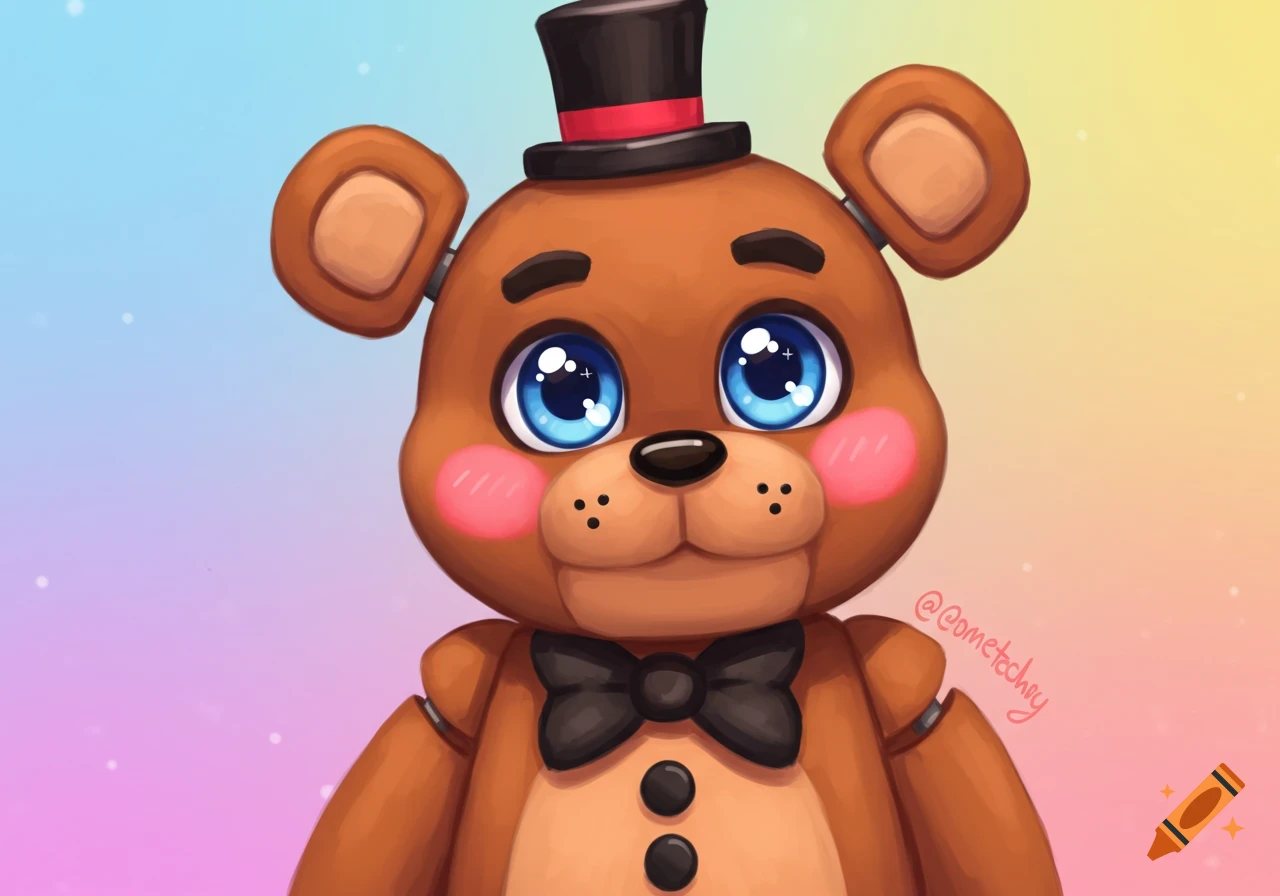 A cute, stylized illustration of Freddy Fazbear with large blue eyes and rosy cheeks.
