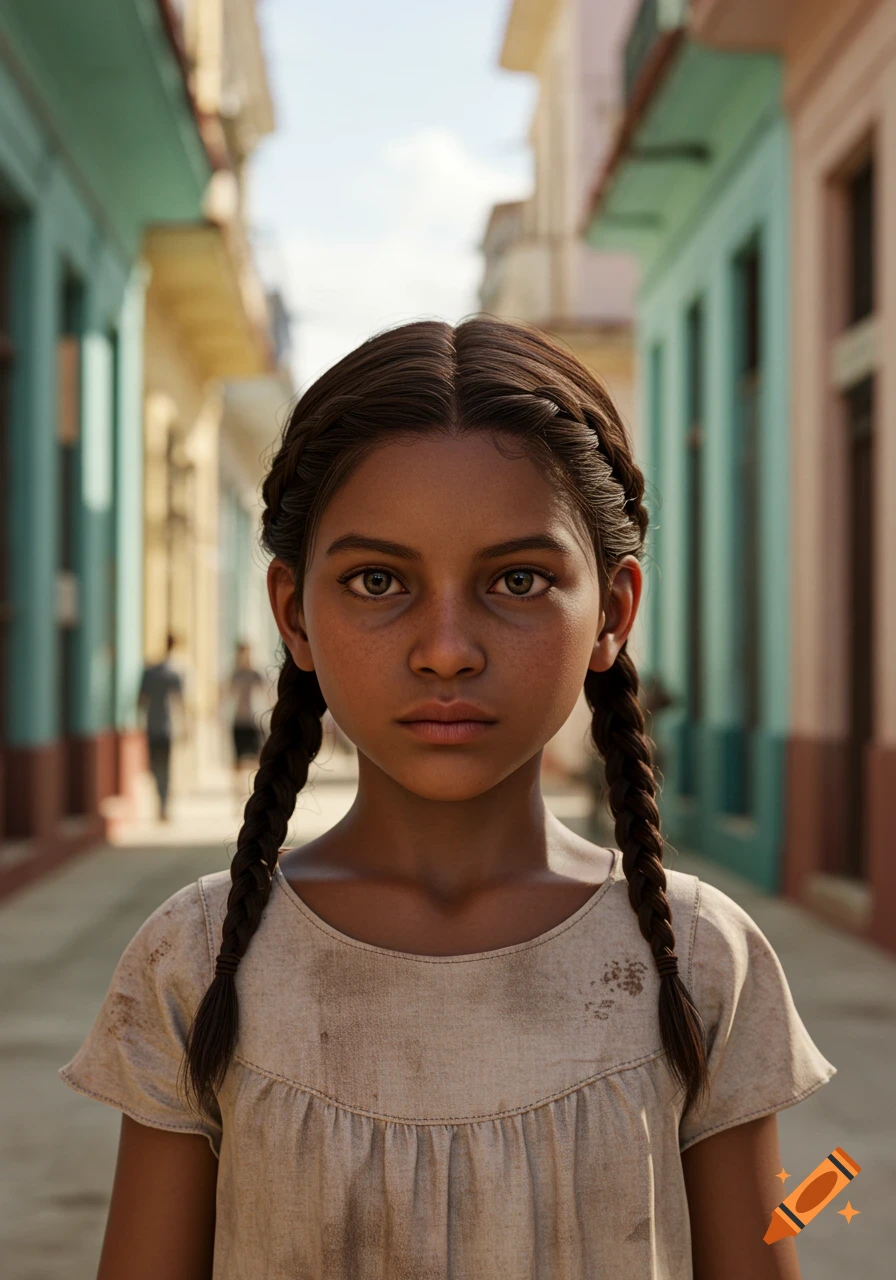 A photorealistic portrait of a young girl with braids standing in a street.
