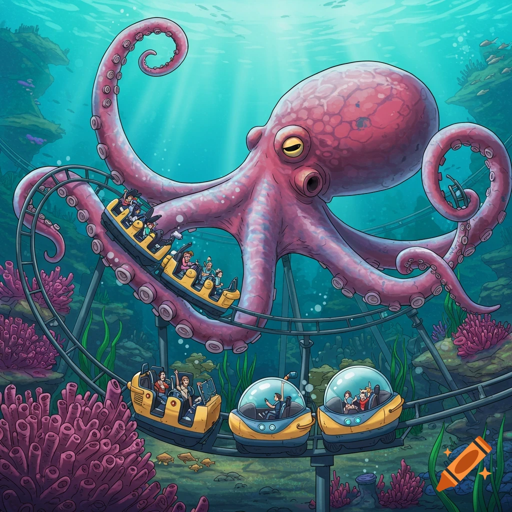 Giant octopus with tentacle wrapped around an underwater rollercoaster with riders. Illustration.