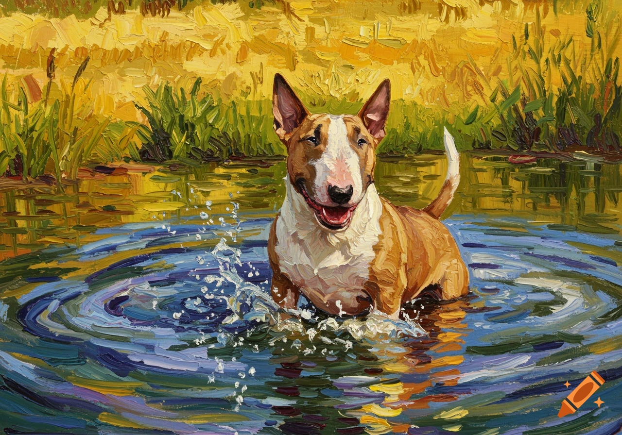 Expressionist painting of a Bull Terrier splashing in a pond.