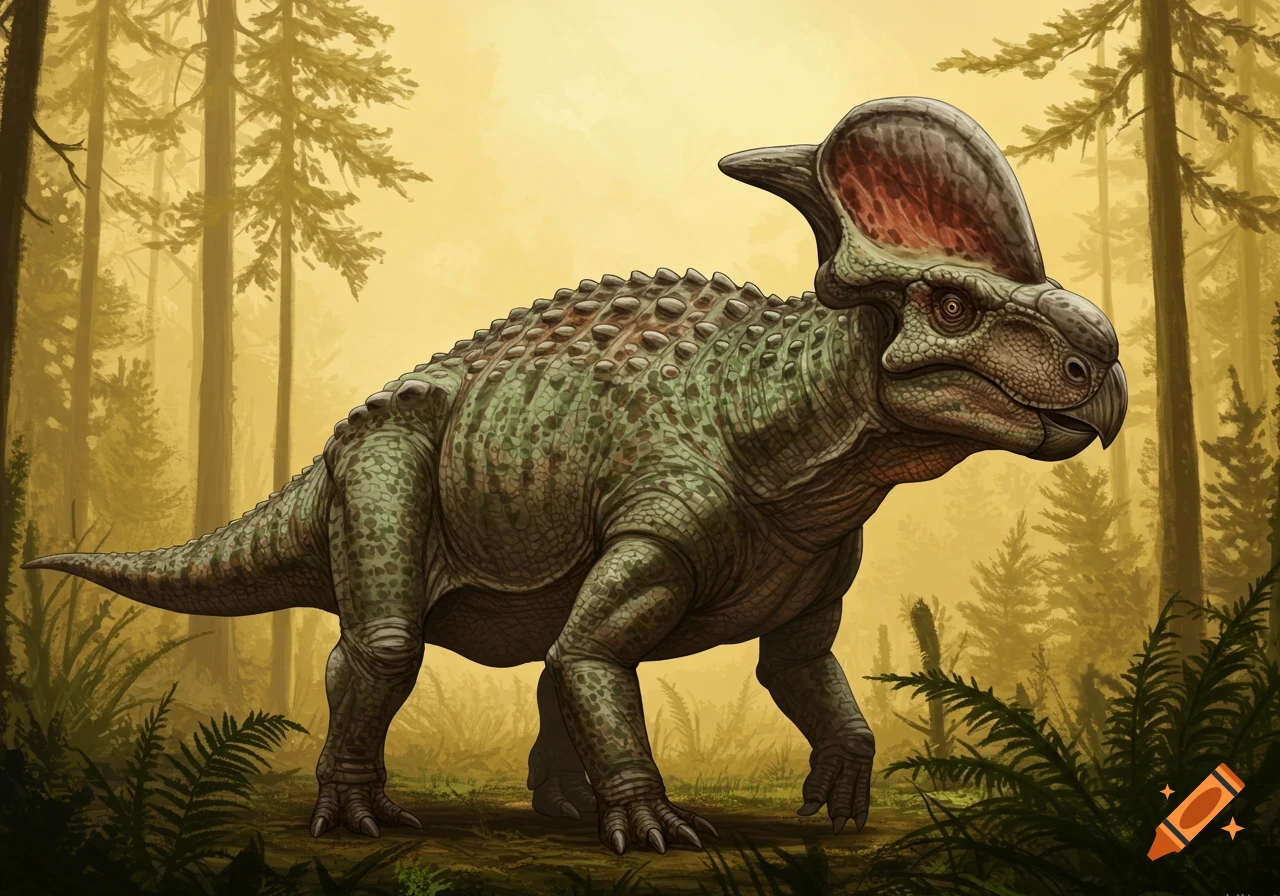Illustration of a dinosaur with a large head crest standing in a misty forest