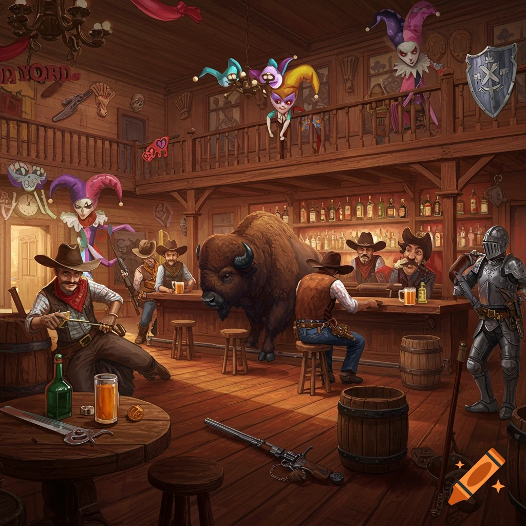 A stylized depiction of a saloon with cowboys, a buffalo, a knight in armor, and jesters hanging from the rafters.