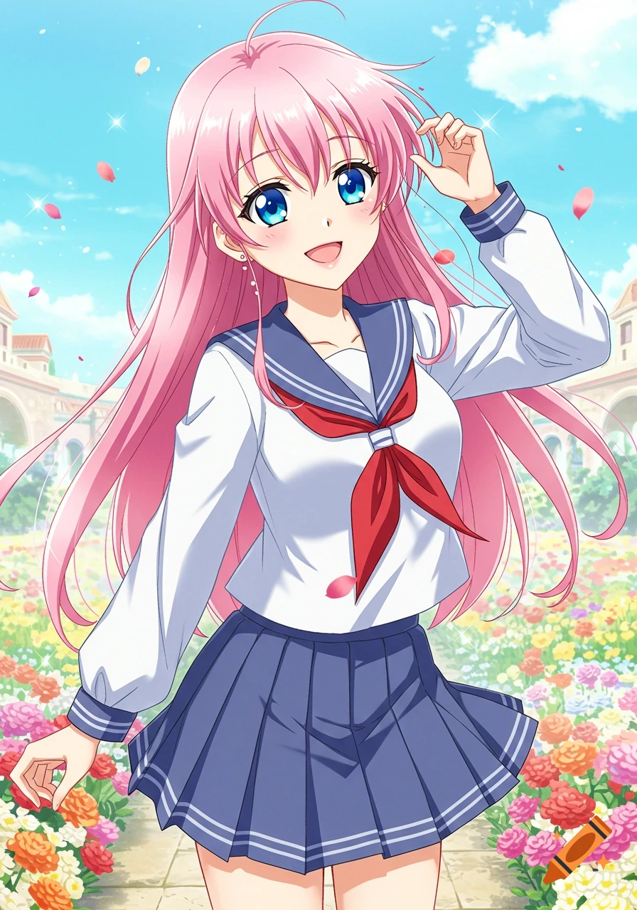 Anime schoolgirl with pink hair standing in a colorful flower garden