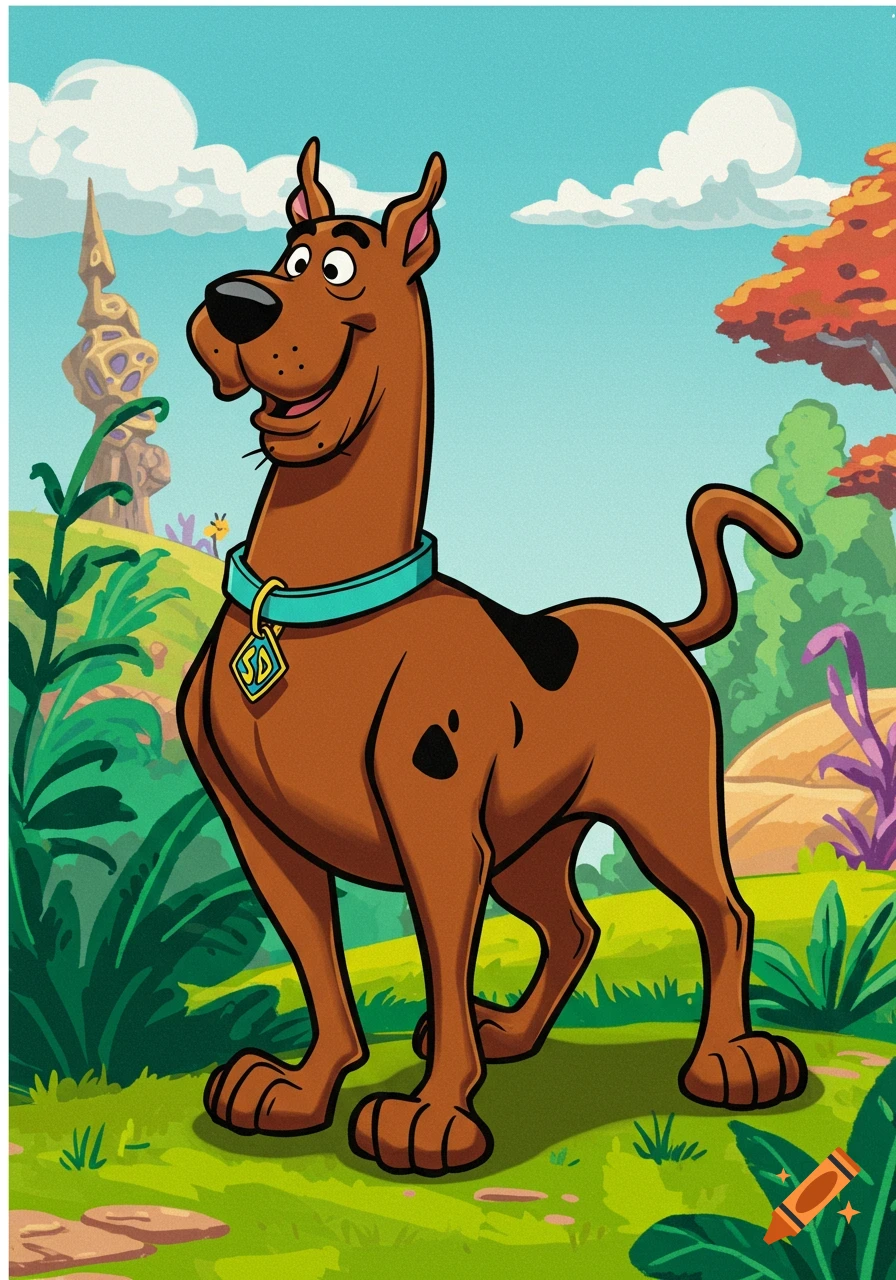 Scooby-Doo cartoon standing in a colorful landscape