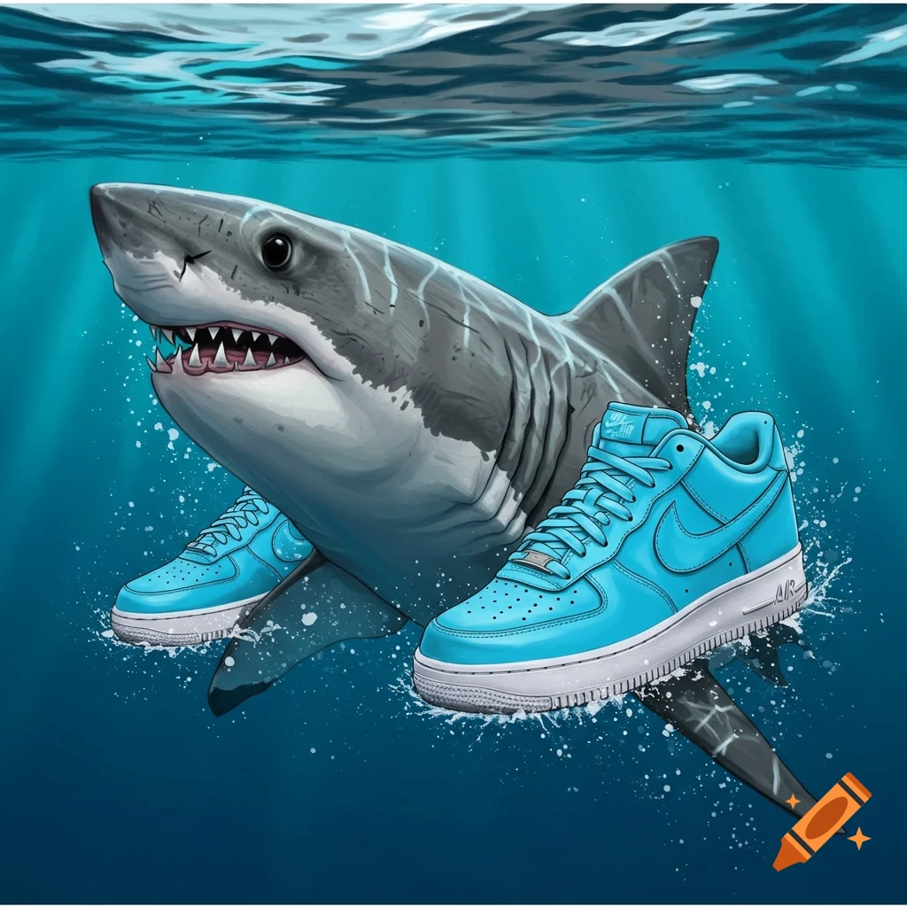 Illustration of a great white shark swimming underwater wearing light blue sneakers.