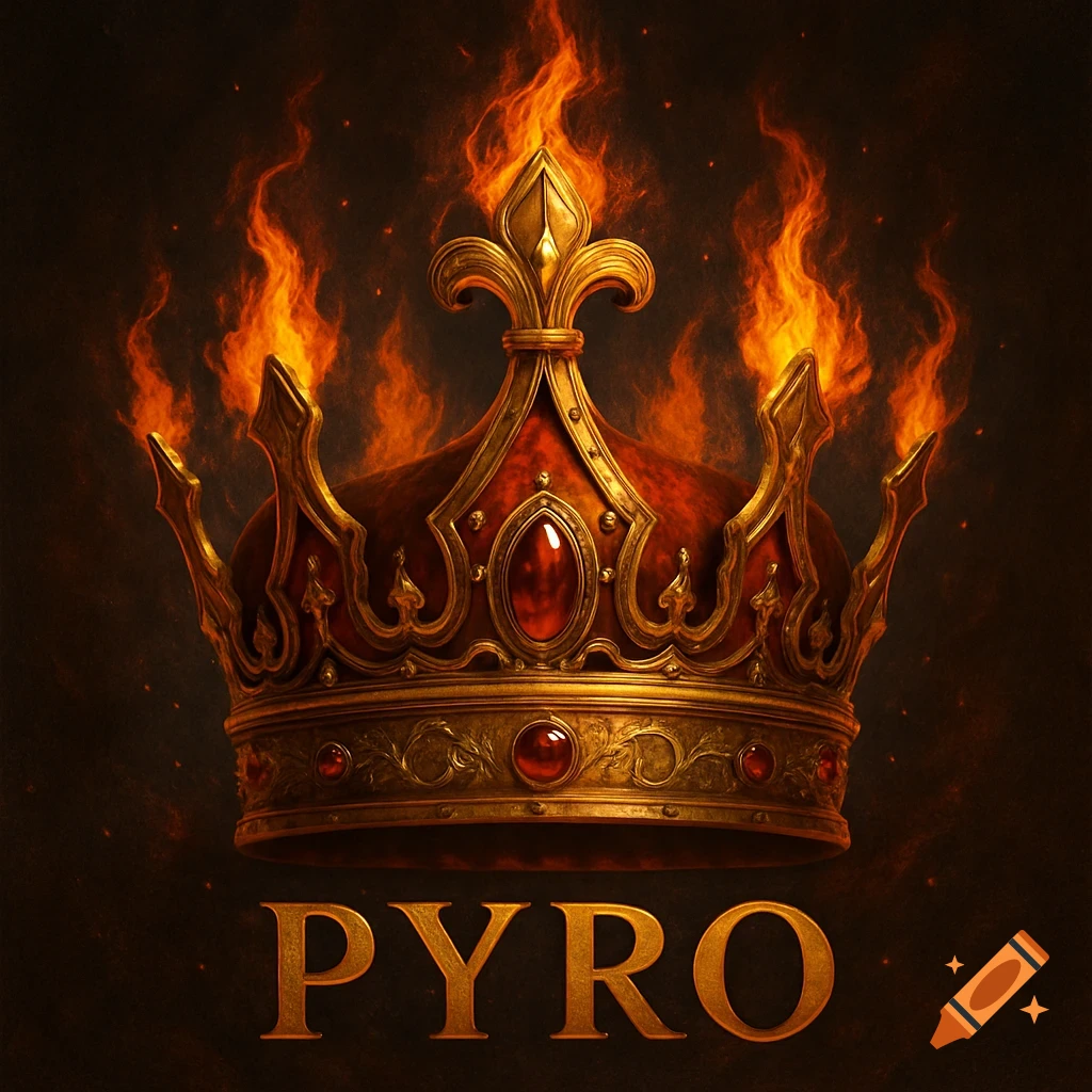 A fiery golden crown with red velvet and jewels, with the word PYRO below.