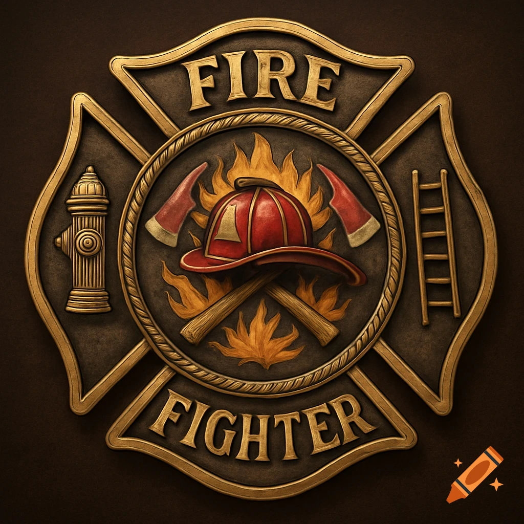 A detailed, embossed gold and brown firefighter badge with the words FIRE and FIGHTER, featuring a helmet, axes, and a fire hydrant.