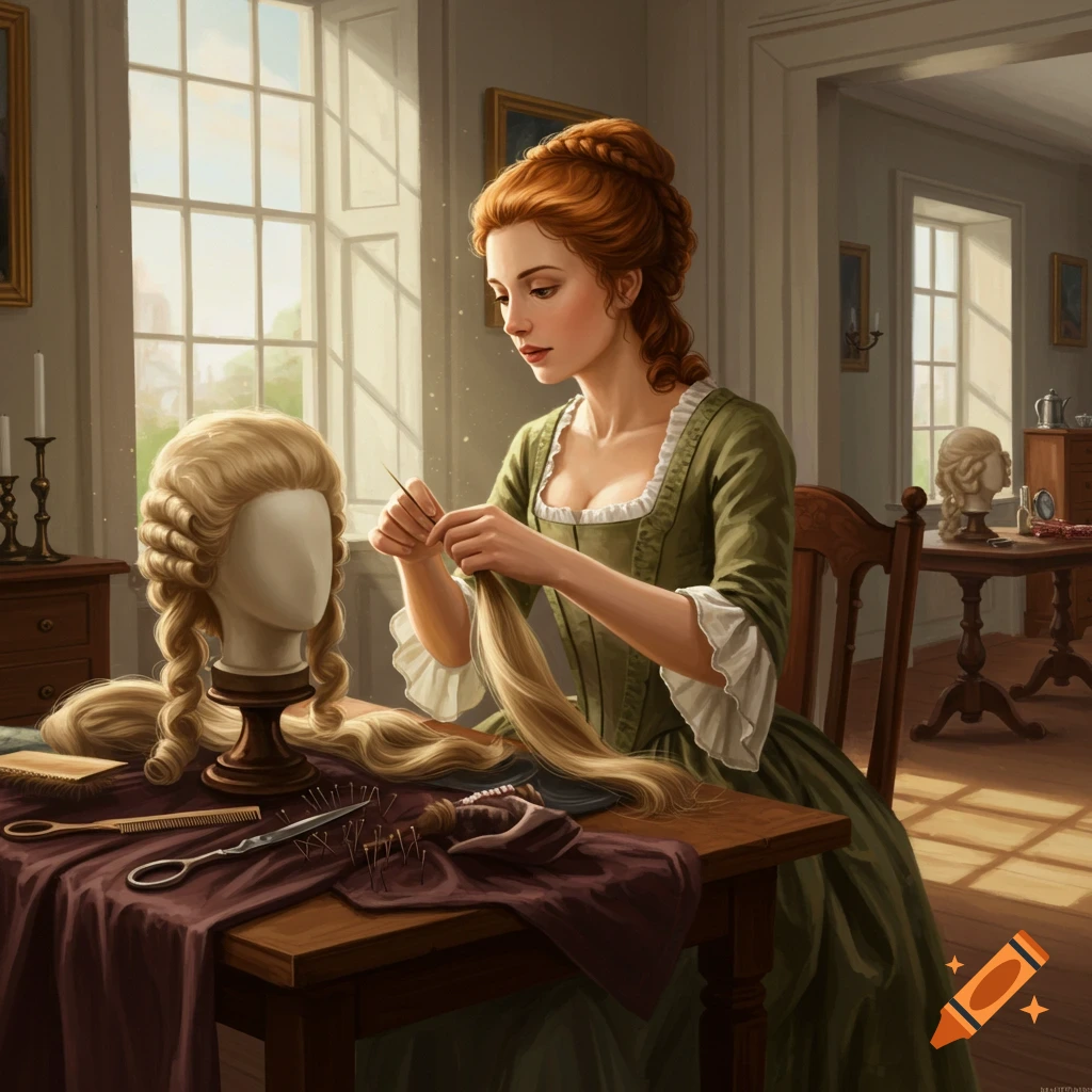 A woman in 1770s dress works on a blonde wig at a table with combs and pins in a room with windows.