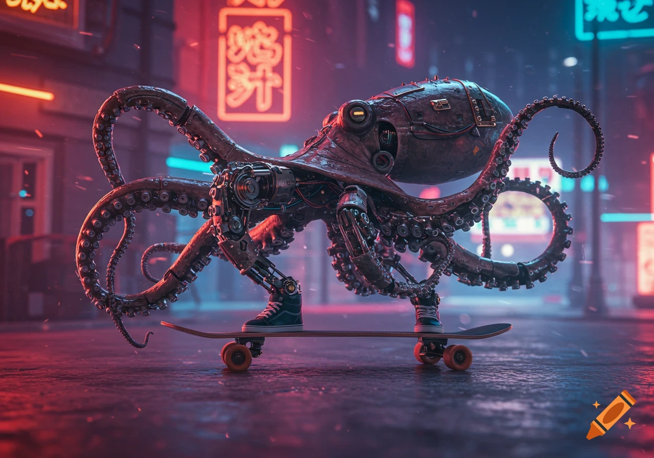 A mechanical octopus with robotic tentacles rides a skateboard down a cyberpunk street lit by neon signs.