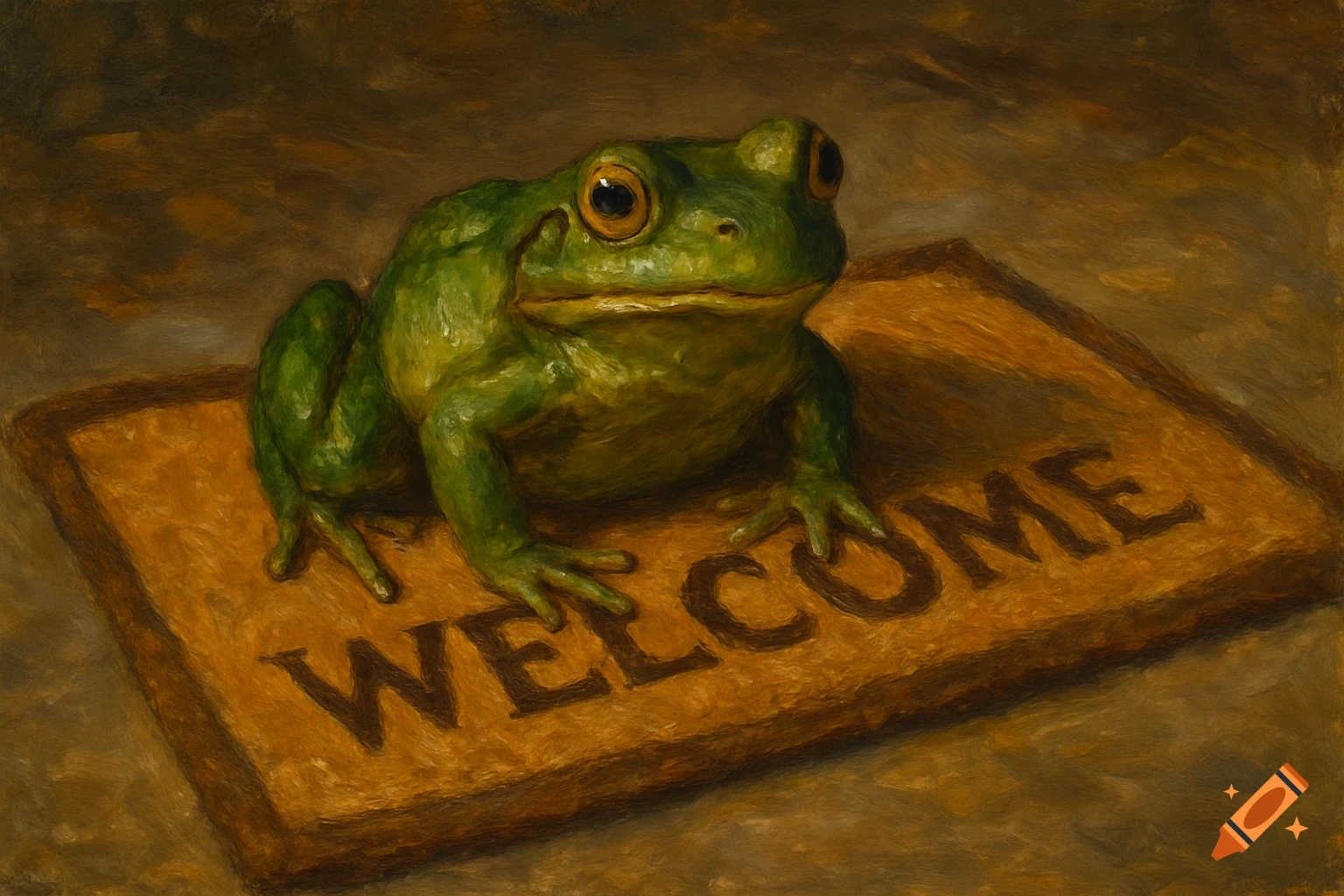 Oil painting of a green frog on a welcome mat that says 'WELCOME'.