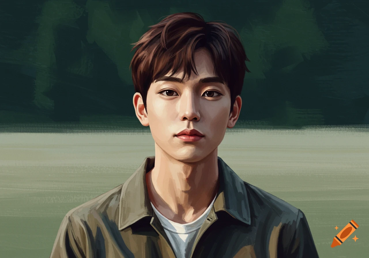 Painterly portrait of a young man with brown hair and a green jacket ...