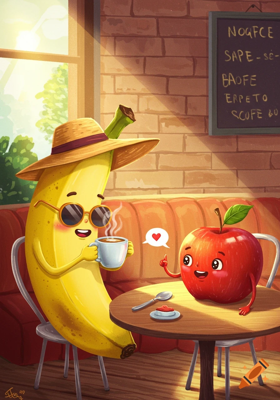 Cartoon banana wearing a hat and sunglasses drinks coffee with a talking apple at a cafe table.