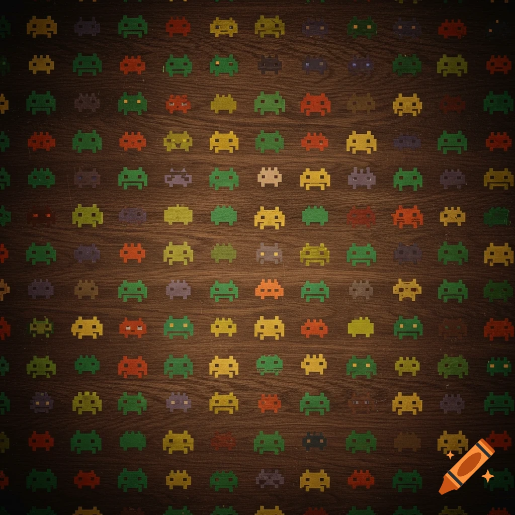 Colorful pixelated Space Invader sprites form a pattern on a woodgrain background.