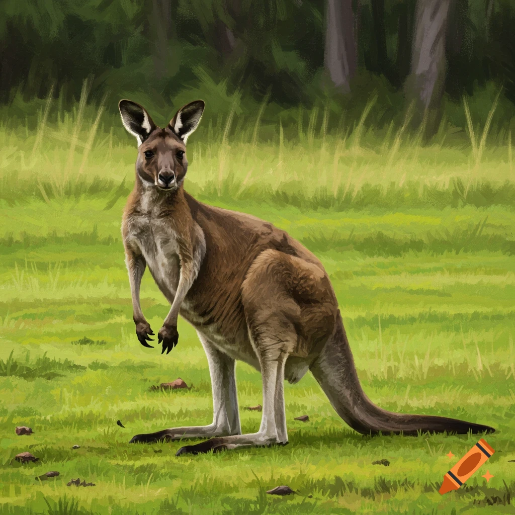 A painting of a kangaroo standing in a grassy field
