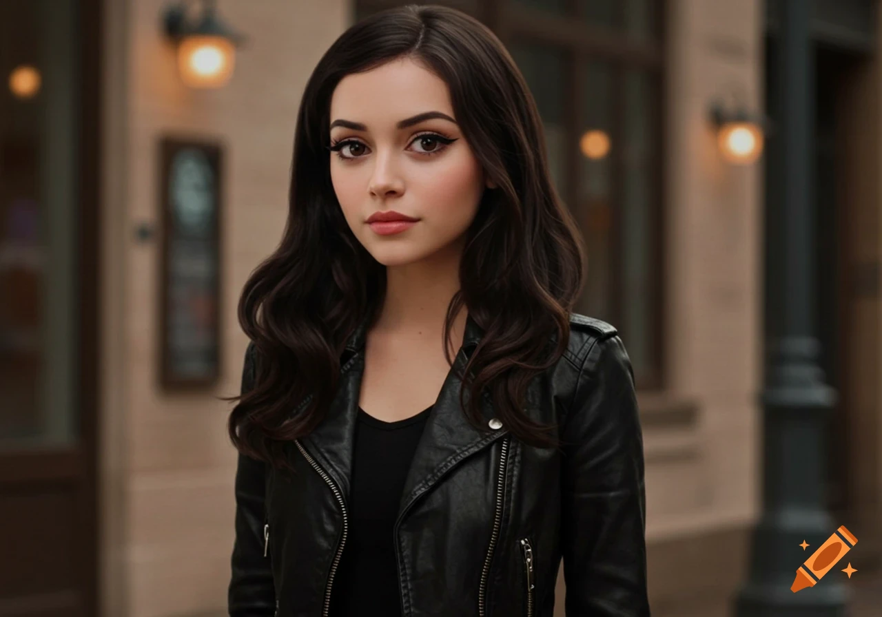 Photorealistic portrait of a young woman with dark hair and black leather jacket outdoors.